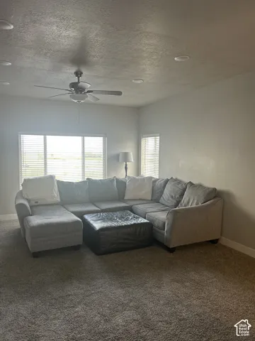 Recessed ceiling lighting, ceiling fan, multiple windows with blinds, and carpeted flooring