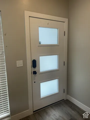 White entry door with three frosted glass panels, matte black door hardware, and wood-finish flooring
