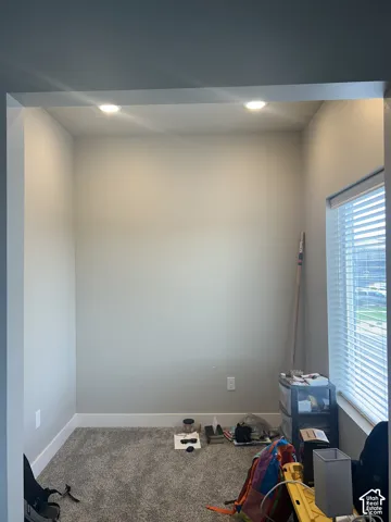 Recessed ceiling lighting, textured carpet flooring, window with blinds, and white trim