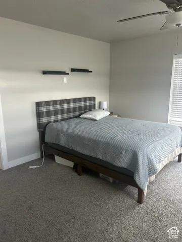 Neutral-toned wall paint, textured carpet flooring, ceiling fan, and window with blinds
