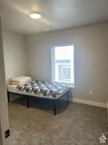 Bedroom featuring a window with blinds, overhead flush mount lighting, and gray carpet