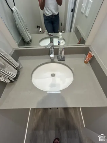 Light gray vanity with an integrated sink and chrome faucet, complemented by wood-finish flooring