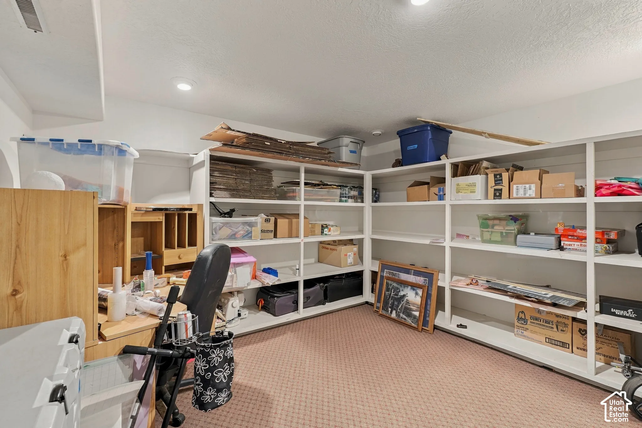 Built-in shelving for organized storage, recessed lighting, and soft carpet flooring