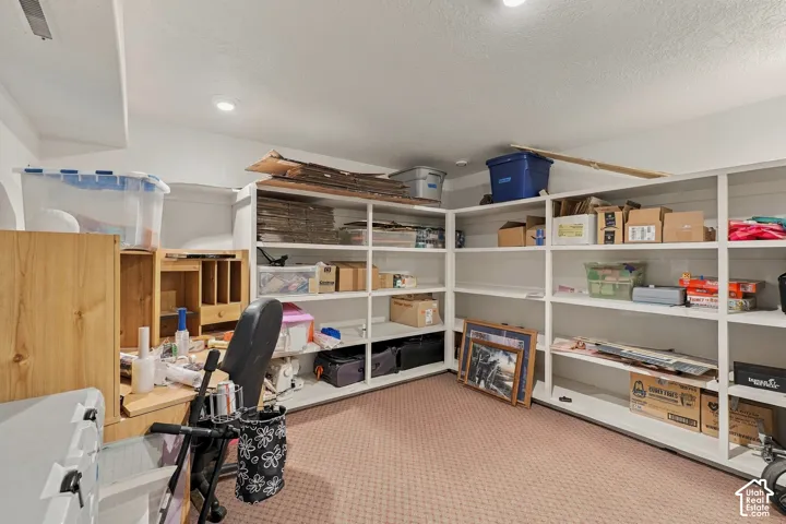 Built-in shelving for organized storage, recessed lighting, and soft carpet flooring