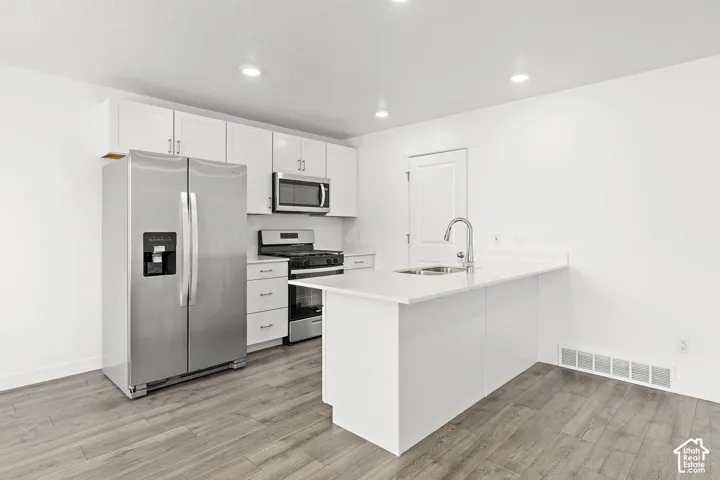 Kitchen featuring wood-finish flooring, white cabinetry, stainless steel appliances, a white island, and recessed lighting