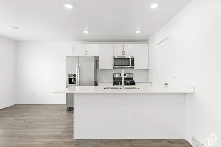 White cabinetry, stainless steel appliances, wood-finish flooring, recessed lighting, and a kitchen island with an integrated sink