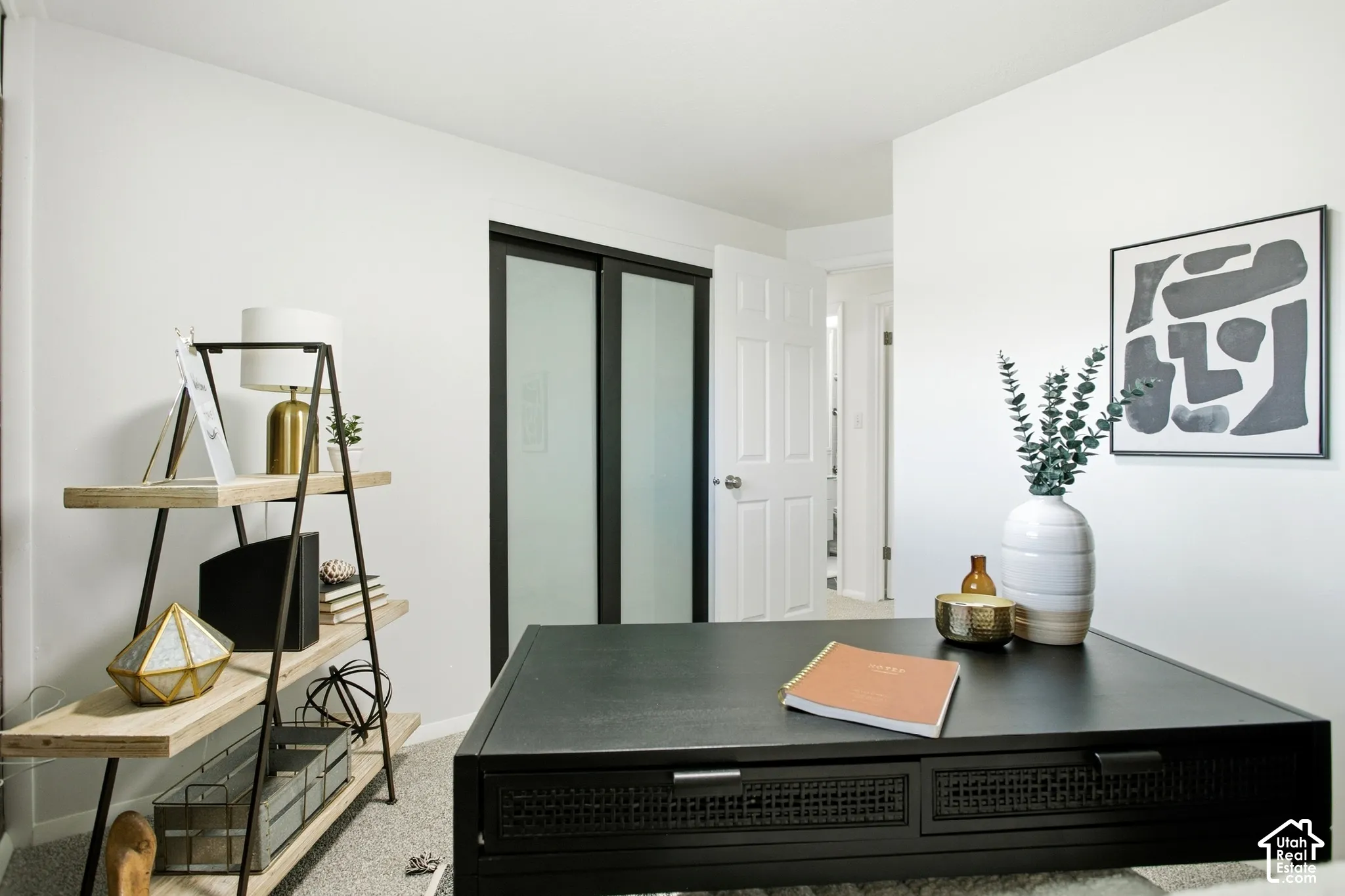 Room featuring light gray carpeting, white walls, and a sliding door with frosted glass panels
