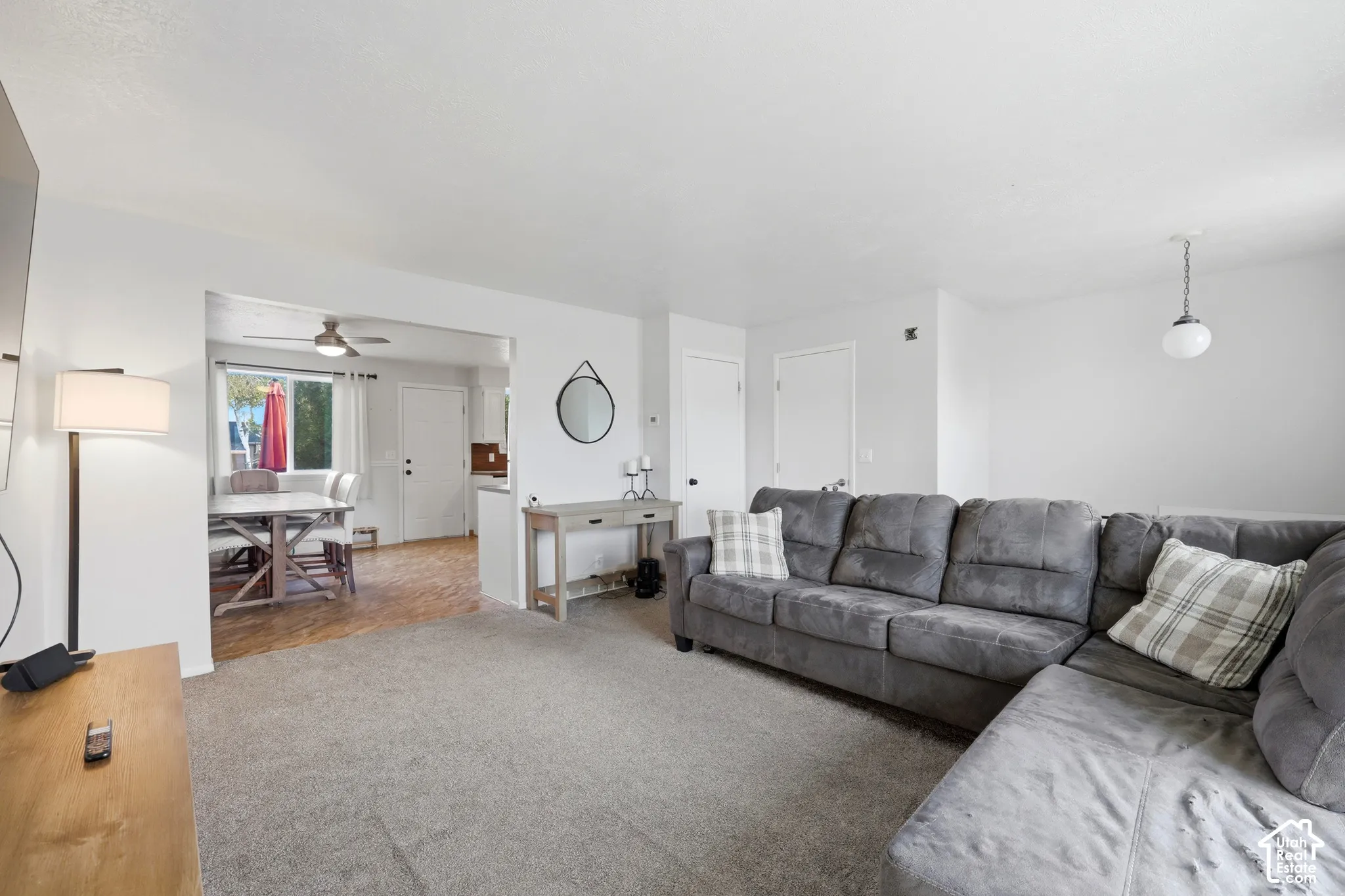 Carpeted living area with white painted walls