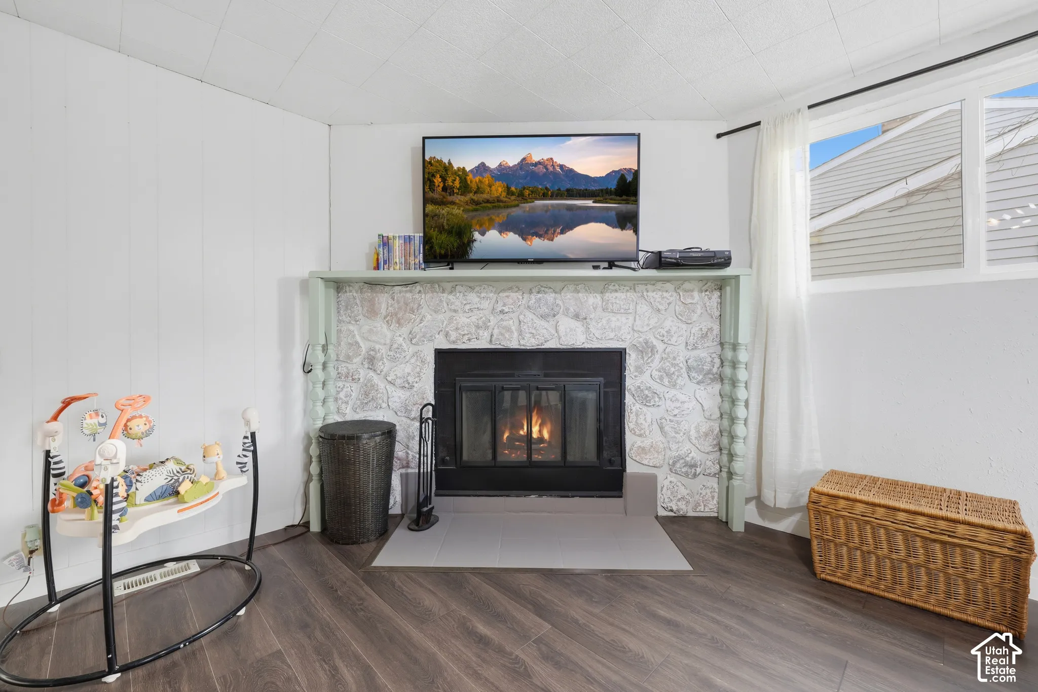 Fireplace featuring a stone surround, wood-finish flooring, and white wall paneling