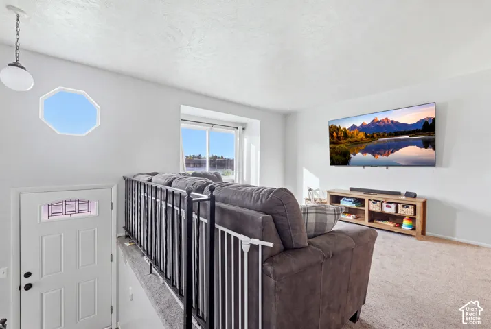 Octagonal window feature, white interior door with decorative glass insert, white walls, and light-toned carpeting