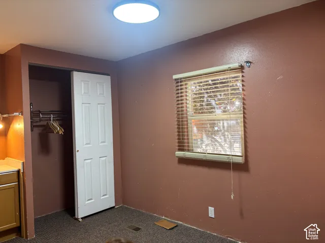 Integrated ceiling light fixture, window with blinds, bi-fold closet door, built-in shelving, and carpeted flooring
