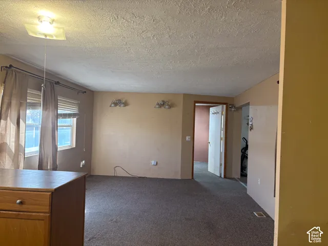 Carpeted flooring, two windows with blinds, built-in light fixture, wall-mounted sconces, and interior doors