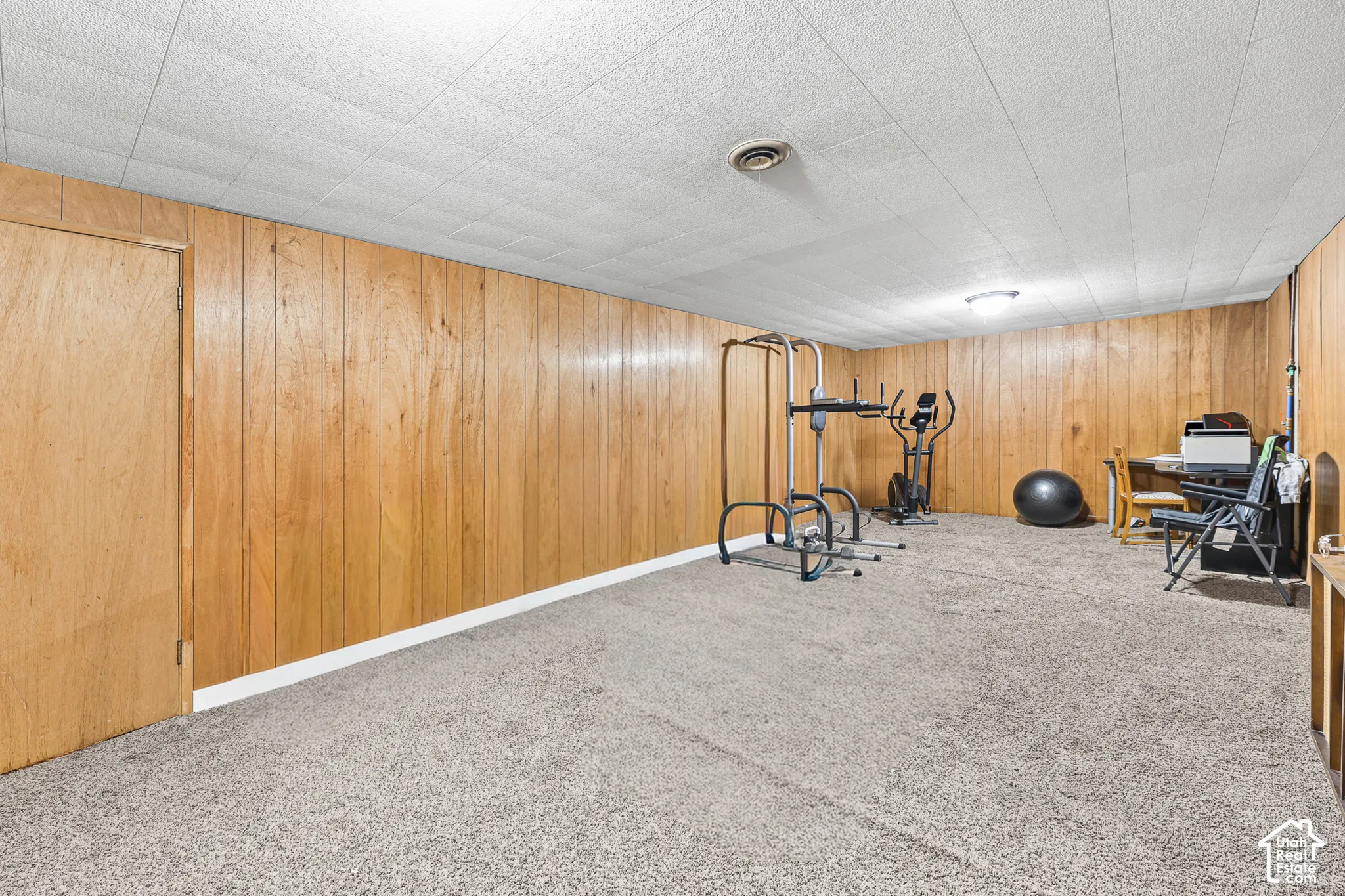Carpeted flooring, wood-paneled walls, ceiling-mounted light fixture, drop ceiling, and a wooden door