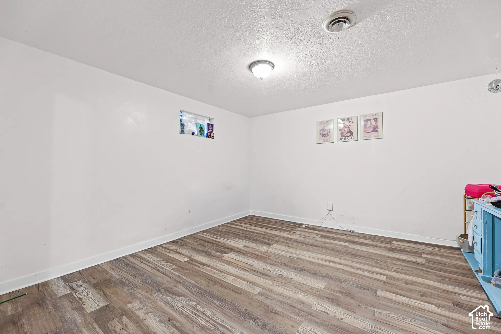 Wood-finish flooring with white walls and a ceiling-mounted light fixture
