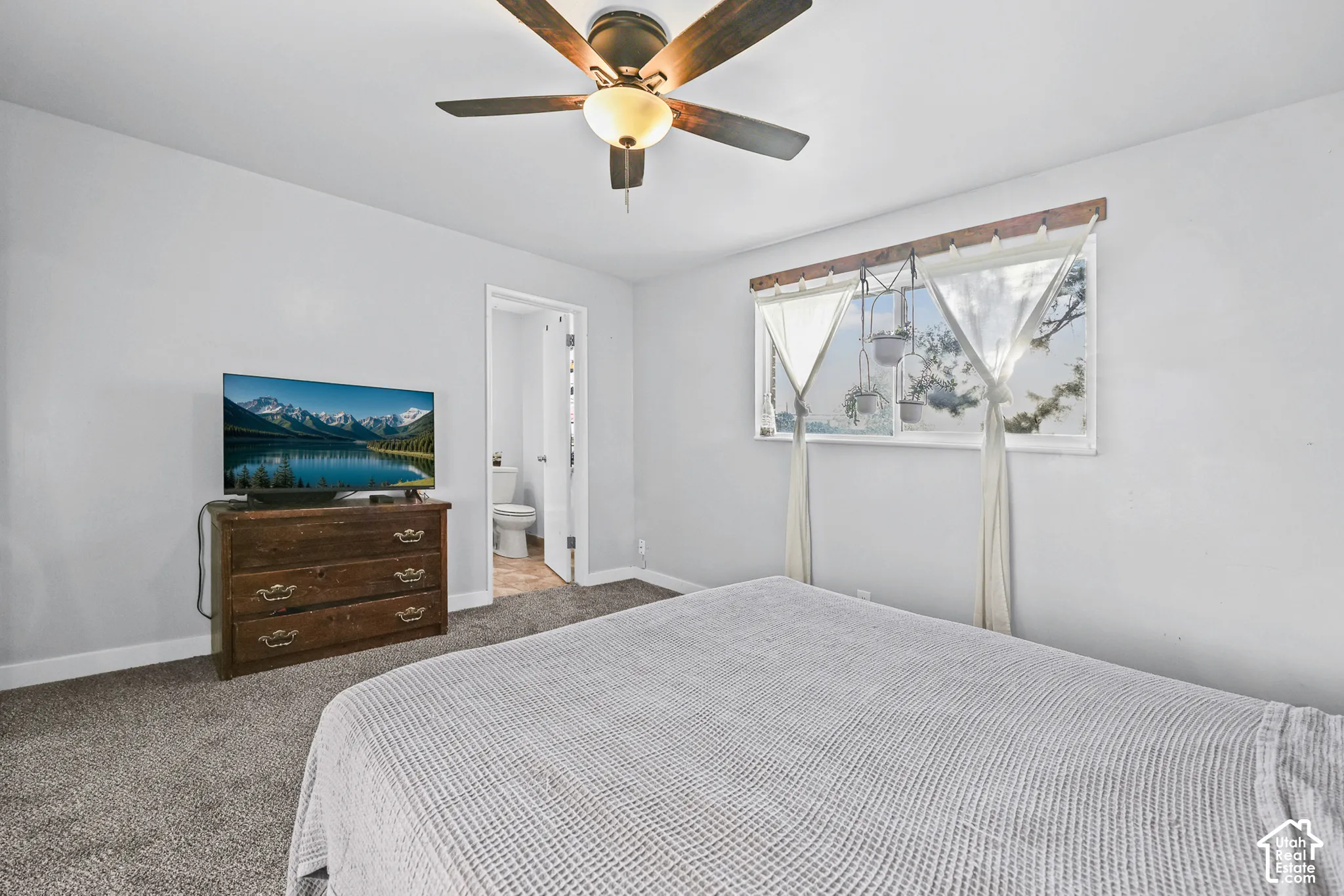 Recessed lighting, ceiling fan with light fixture, window with wood-finish trim, and carpeted flooring