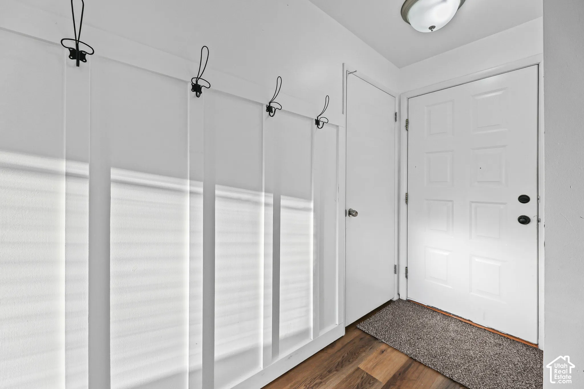 Wood-finish flooring with a paneled wall featuring coat hooks, a flush mount ceiling light, and a white entry door with black hardware