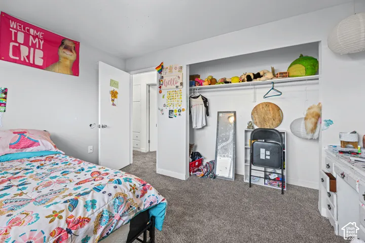 Wall-to-wall carpeting in a neutral tone, white painted walls, and a built-in closet with shelving and hanging space