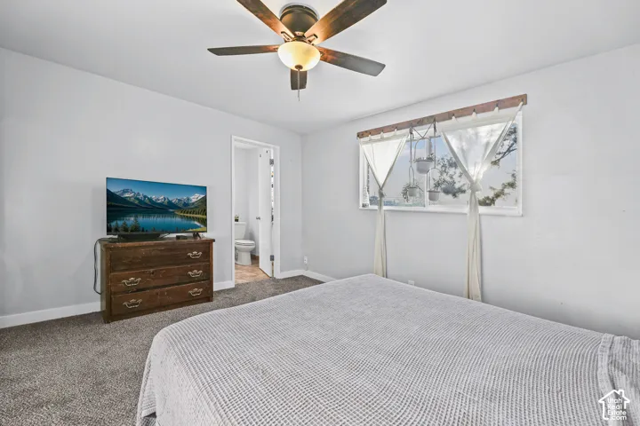 Recessed lighting, ceiling fan with light fixture, window with wood-finish trim, and carpeted flooring