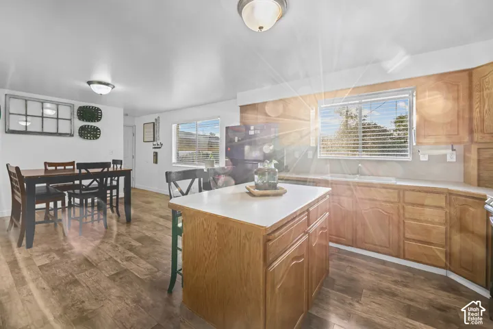 Kitchen featuring wood-finish flooring, wood cabinetry, built-in sink, and a center island with countertop