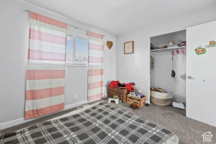 Carpeted flooring, single window with blinds, and an open closet with shelving and a hanging rod