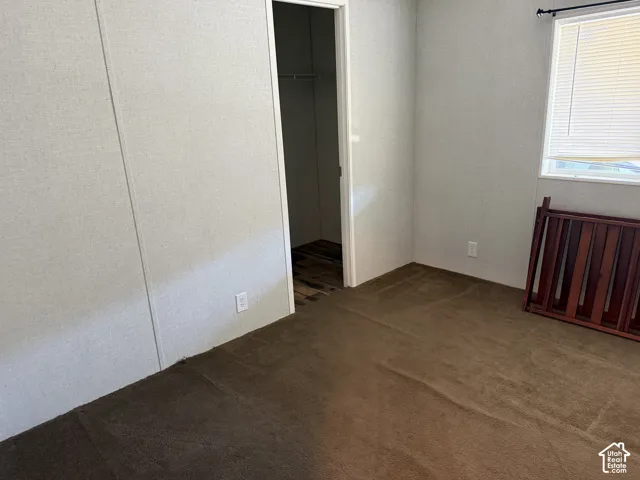 Wall-to-wall carpeting and a window with blinds