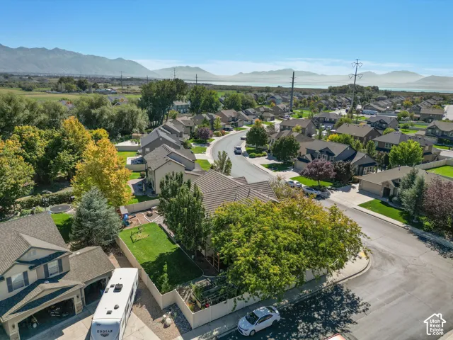 Residential neighborhood with mature trees and paved streets, bordered by expansive green fields and distant mountains