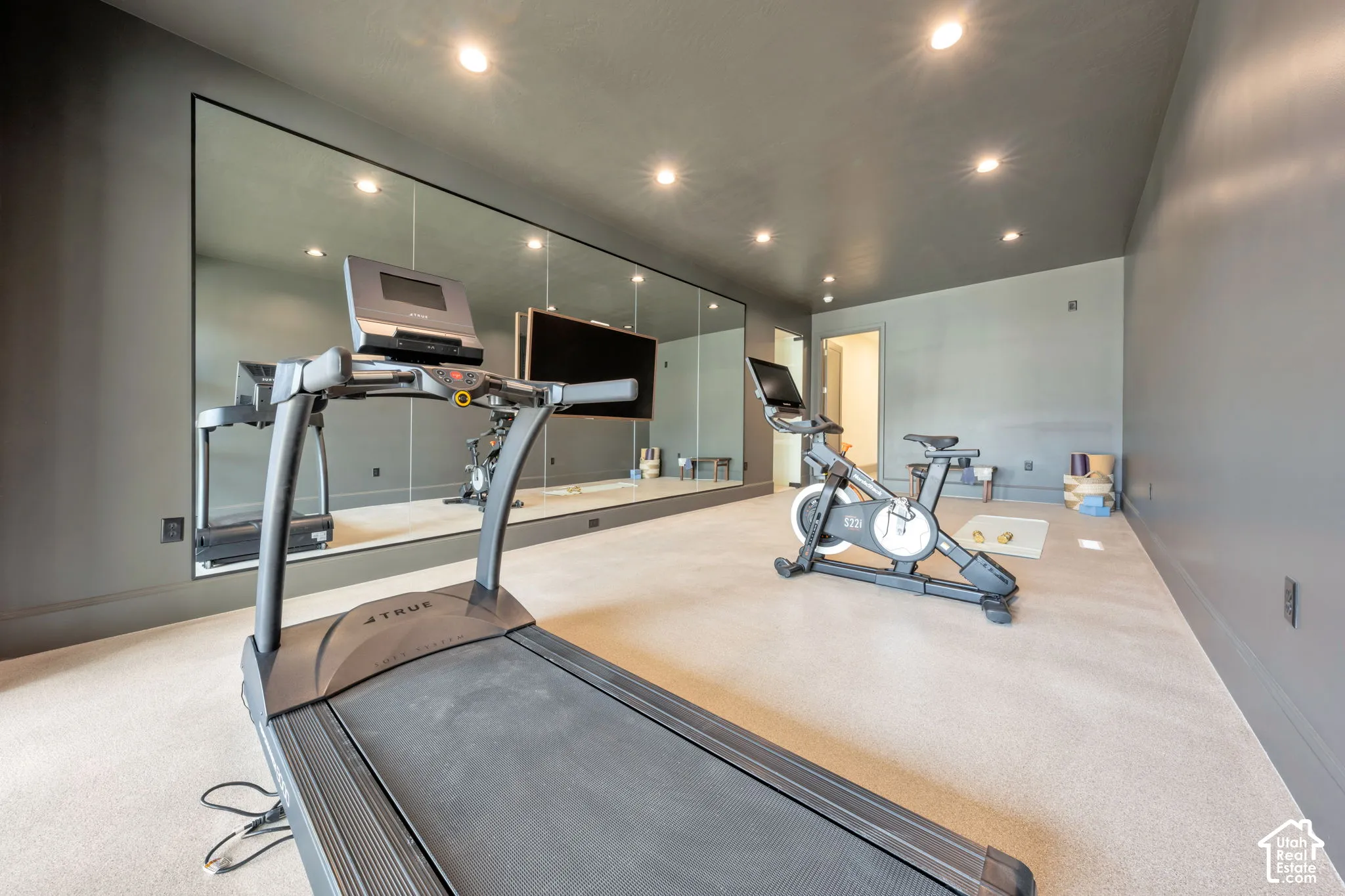 Recessed lighting, light-colored carpet flooring, full wall mirror, and dark wall paint