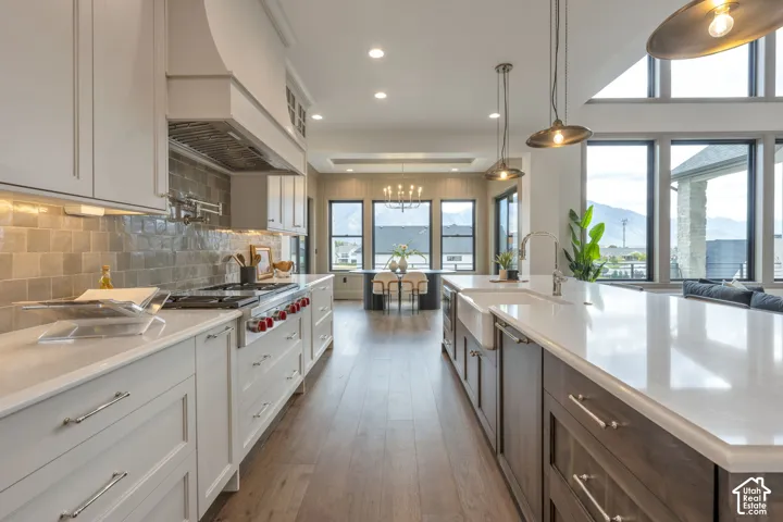 Gourmet kitchen featuring a professional-grade range, white cabinetry, a large island with an integrated farmhouse sink, and a tiled backsplash