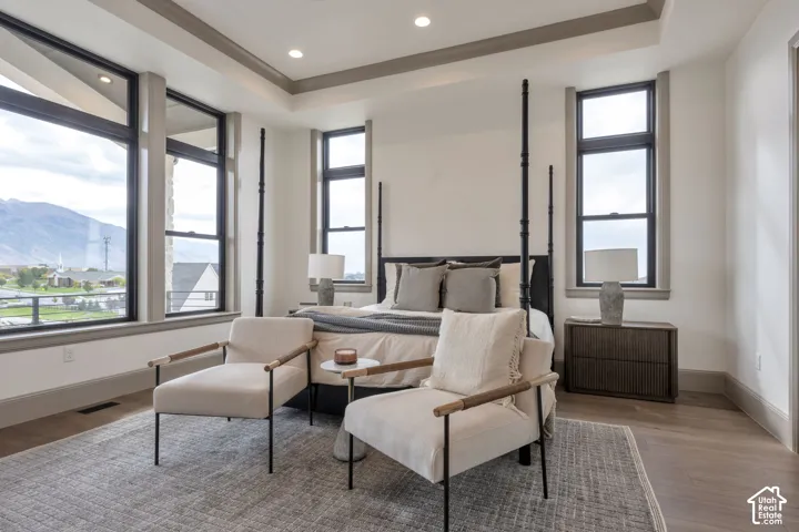 Expansive windows featuring black framing, recessed lighting, wood-finish flooring, and a tray ceiling