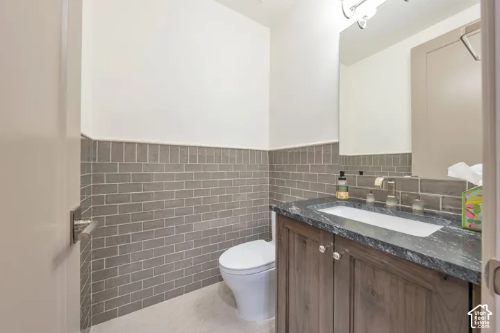 Vanity with dark wood cabinetry, dark countertop, and an undermount sink