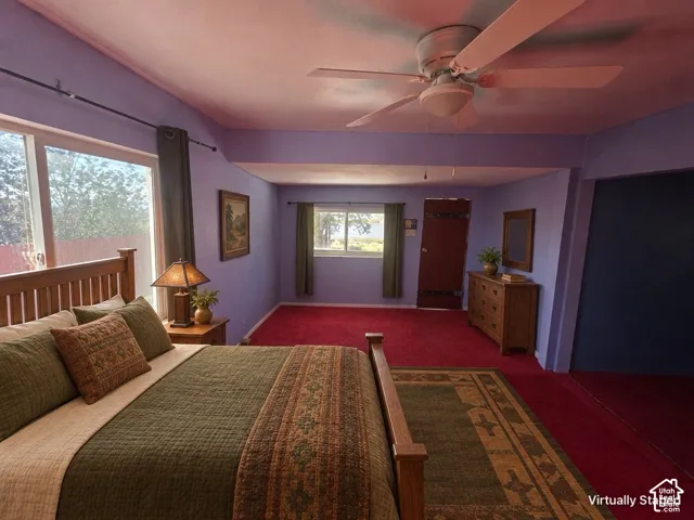 Spacious room featuring red carpet flooring, multiple windows providing natural light, and a ceiling fan