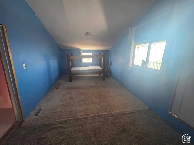 Carpeted room with blue painted walls, a flush-mount ceiling light, and multiple windows providing natural illumination