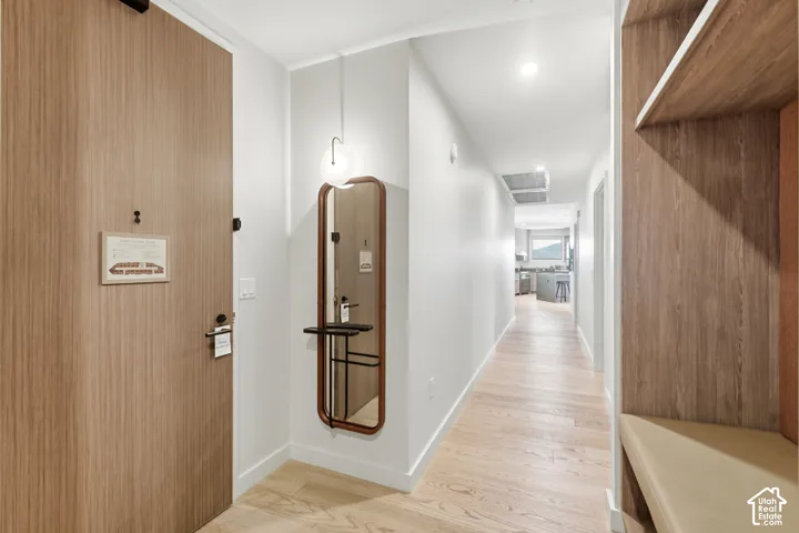 Entryway featuring wood-finish flooring, built-in shelving, a wall-mounted mirror, and recessed lighting