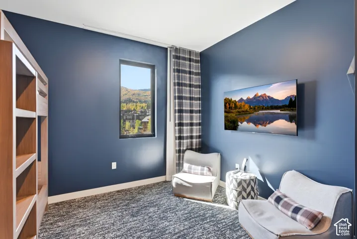 Built-in shelving unit with wood-finish framing, single window with natural light, wall-mounted television, and patterned carpet flooring