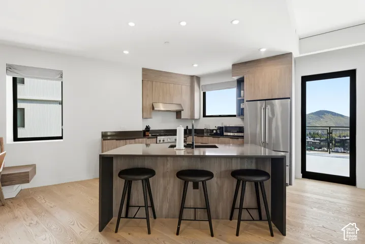 Modern kitchen featuring wood-finish cabinetry, stainless steel appliances, recessed lighting, and light wood-finish flooring