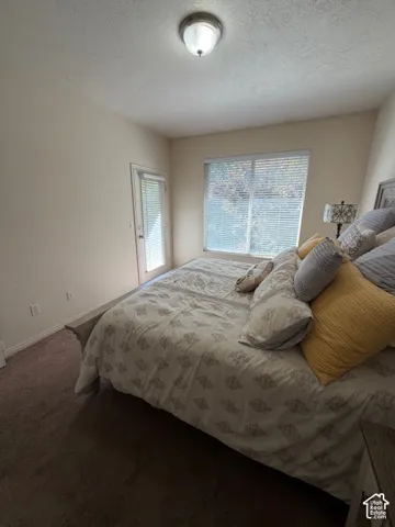 Carpeted room featuring a ceiling-mounted light fixture, window with blinds, and an exterior door with blinds