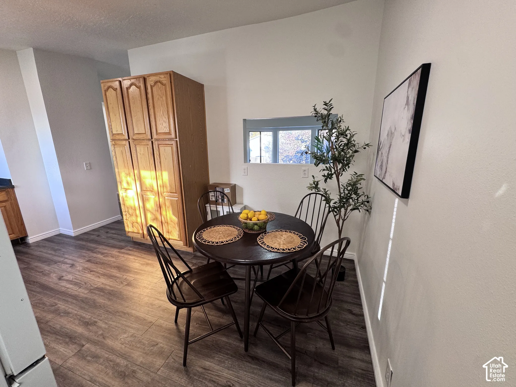 Wood-finish flooring throughout, full-height pantry cabinetry, and a fixed window