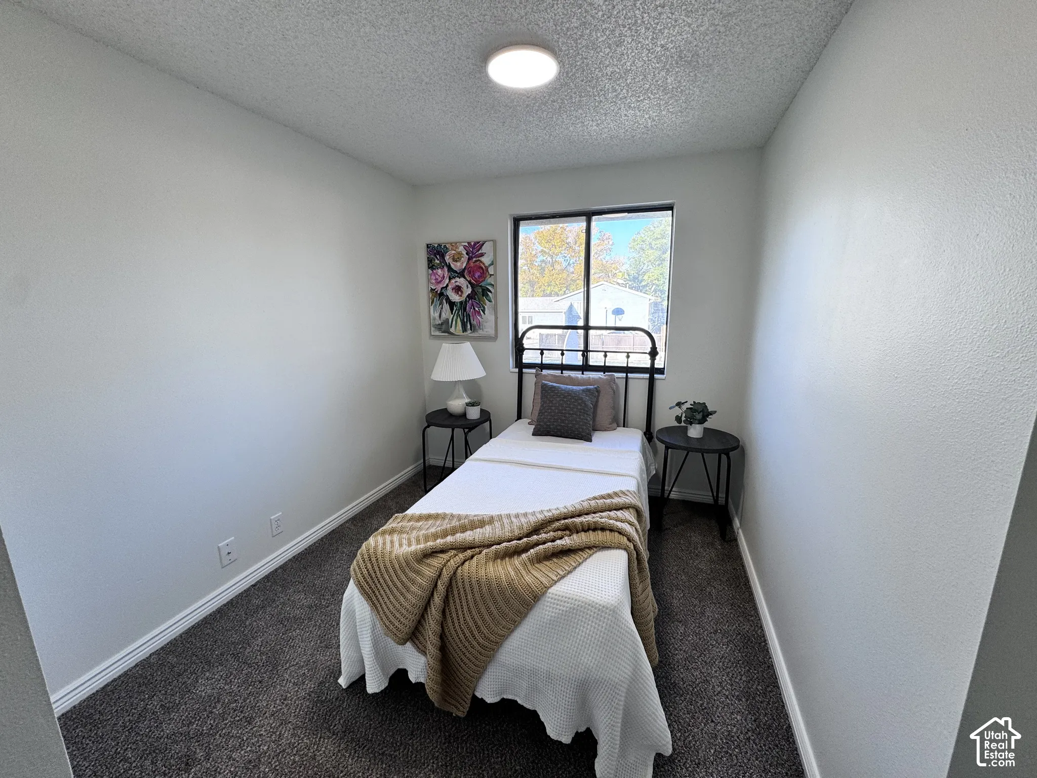 Carpeted room with a ceiling-mounted light fixture and a window