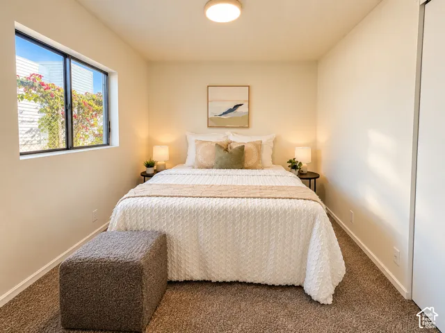 Neutral wall paint, carpet flooring, recessed window, and flush mount lighting