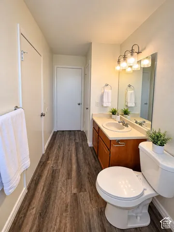 Bathroom featuring wood-finish flooring, a vanity with a light-toned countertop, and a wall-mounted light fixture with clear glass shades