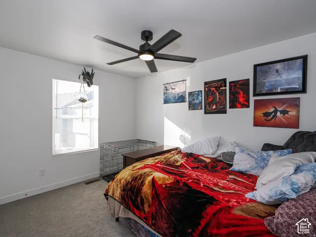 Carpeted flooring, white walls, and a window with blinds