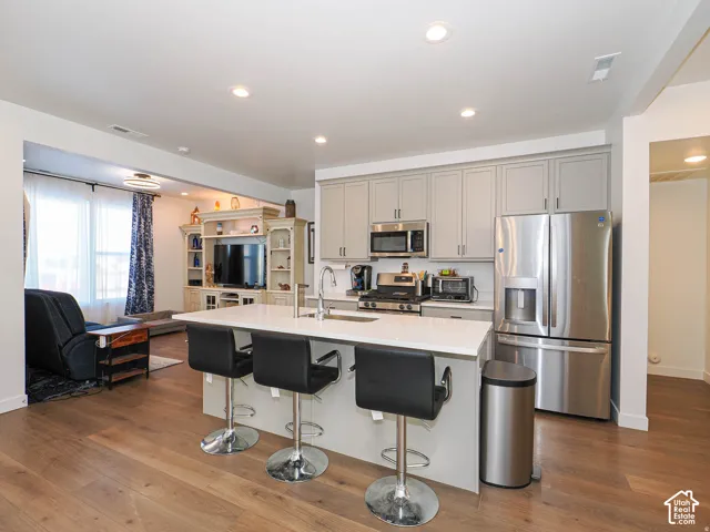Kitchen featuring a central island with a sink, stainless steel appliances, and light-toned cabinetry