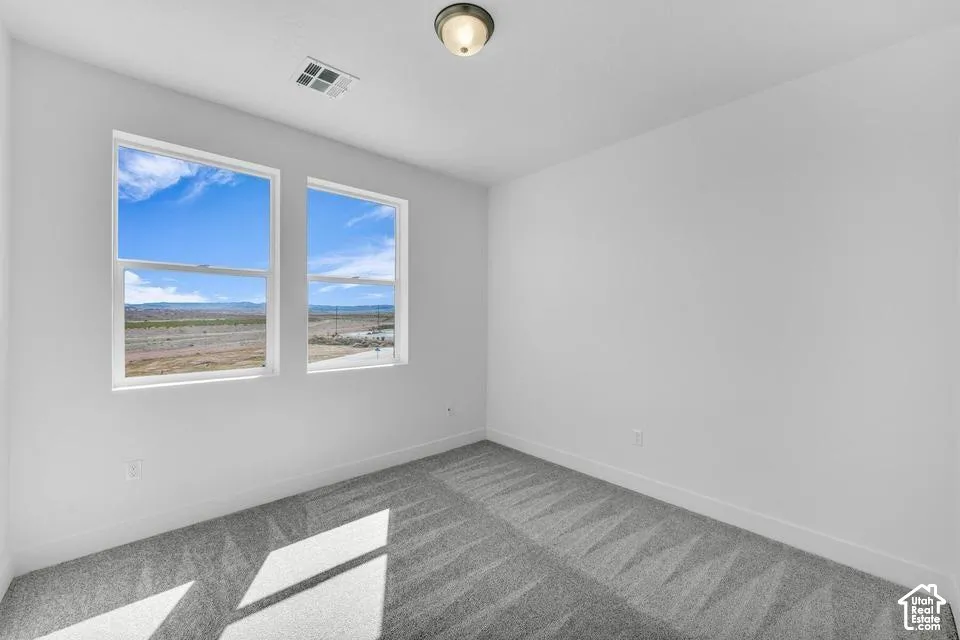 Two large windows, gray patterned carpeting, white painted walls, and a ceiling-mounted light fixture