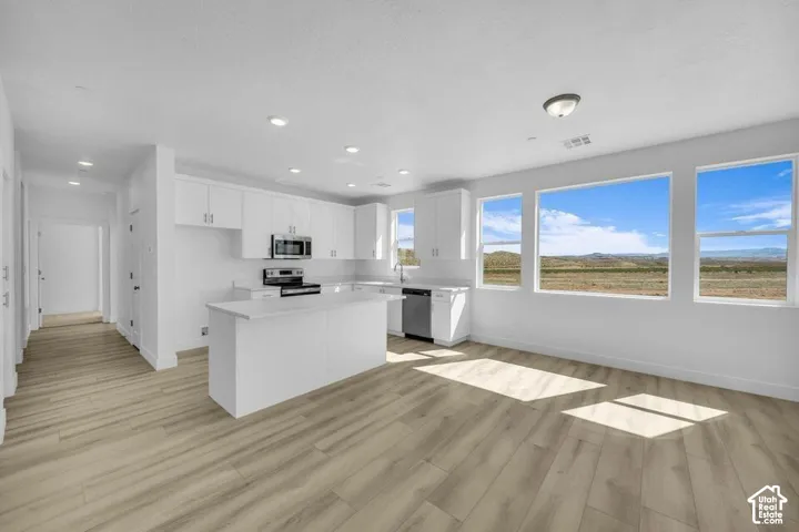 Open-concept kitchen and living area featuring wood-finish flooring, white cabinetry, a kitchen island, and stainless steel appliances