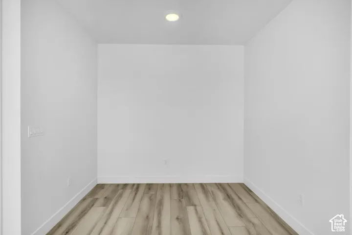 Wood-finish flooring, recessed ceiling light, and white walls