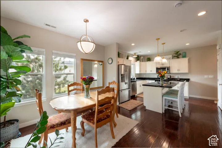 Open-concept kitchen and dining area featuring dark wood-finish flooring