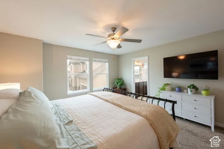Bright bedroom with light-colored walls, carpeted flooring, a ceiling fan with integrated lighting, and multiple windows