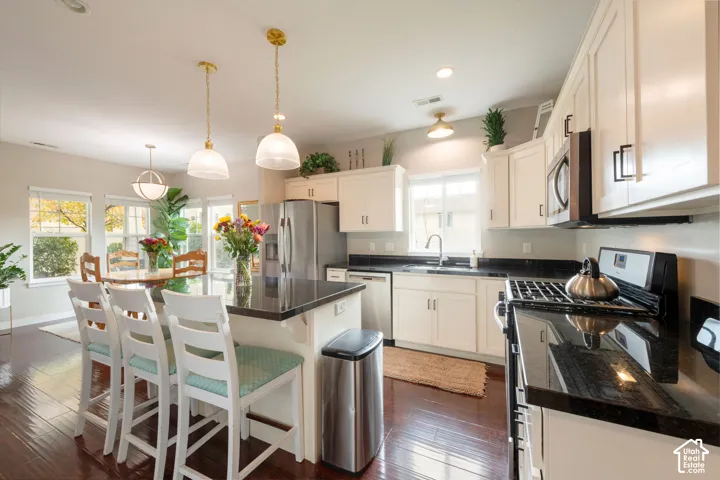 Open-concept kitchen featuring dark countertops, white cabinetry, integrated stainless steel appliances, a peninsula with pendant lighting, and wood-finish flooring