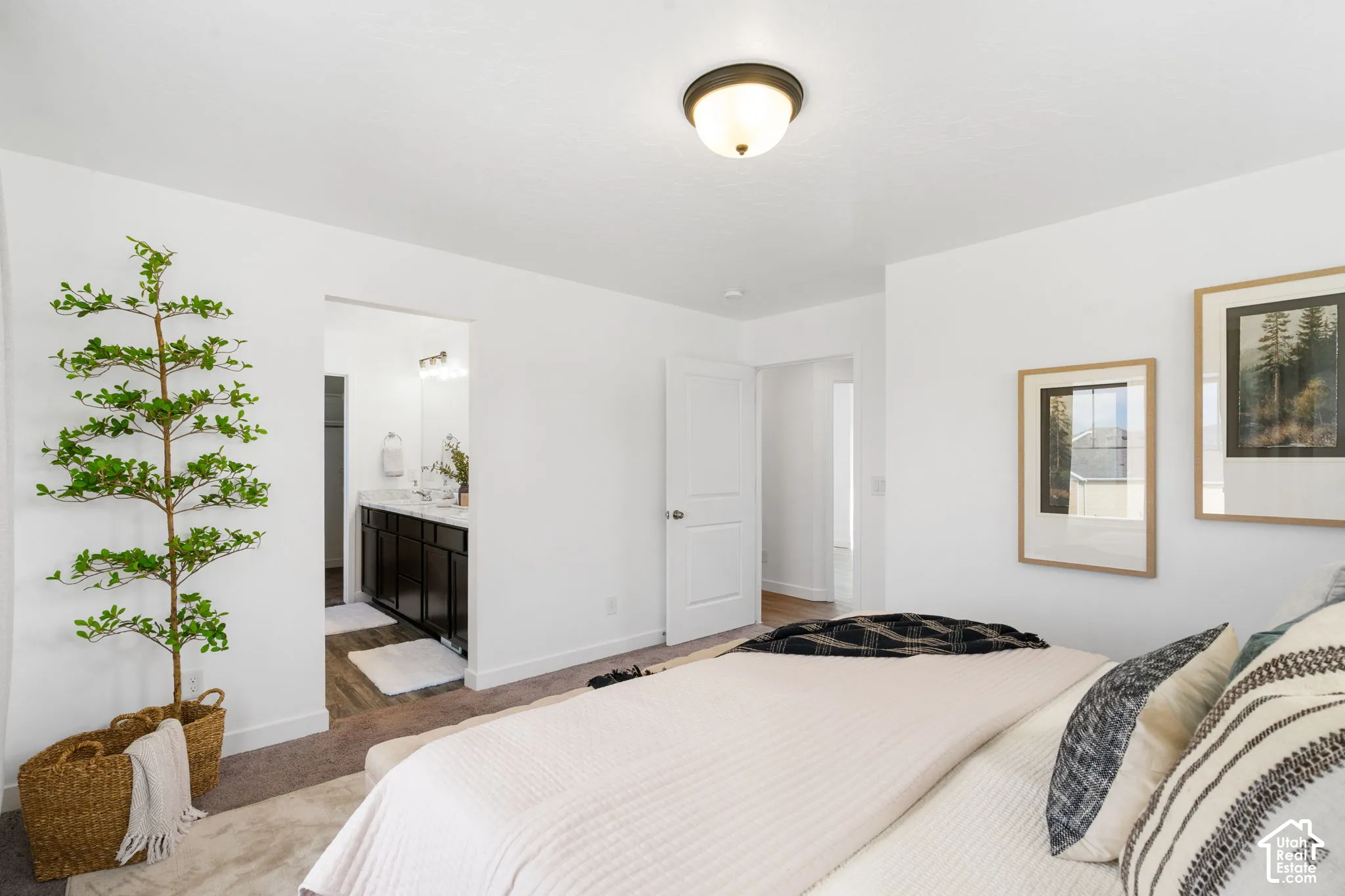 Neutral wall color, carpeted flooring, overhead flush mount light fixture, and a white door with a silver-tone handle