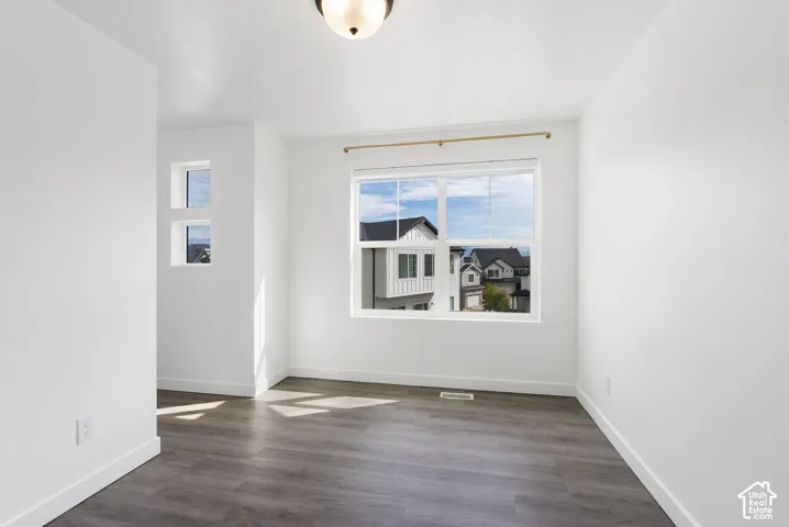 Spacious room featuring wood-finish flooring, white walls, multiple windows, and a ceiling-mounted light fixture